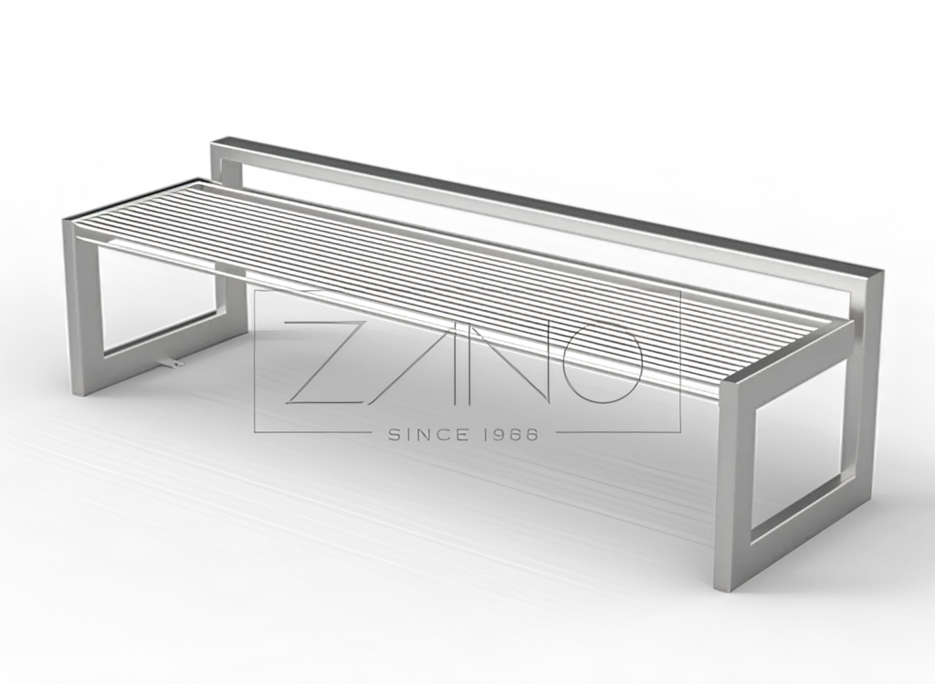 Šiuolaikiškas B-bench suoliukas iš nerūdijančio plieno.