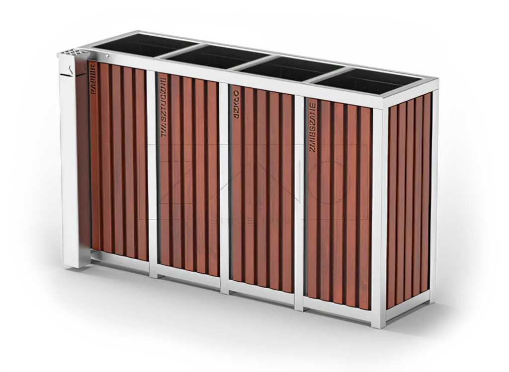Lauko šiukšlių ir pelenų konteineris, keturios kameros rūšiuojamoms atliekoms