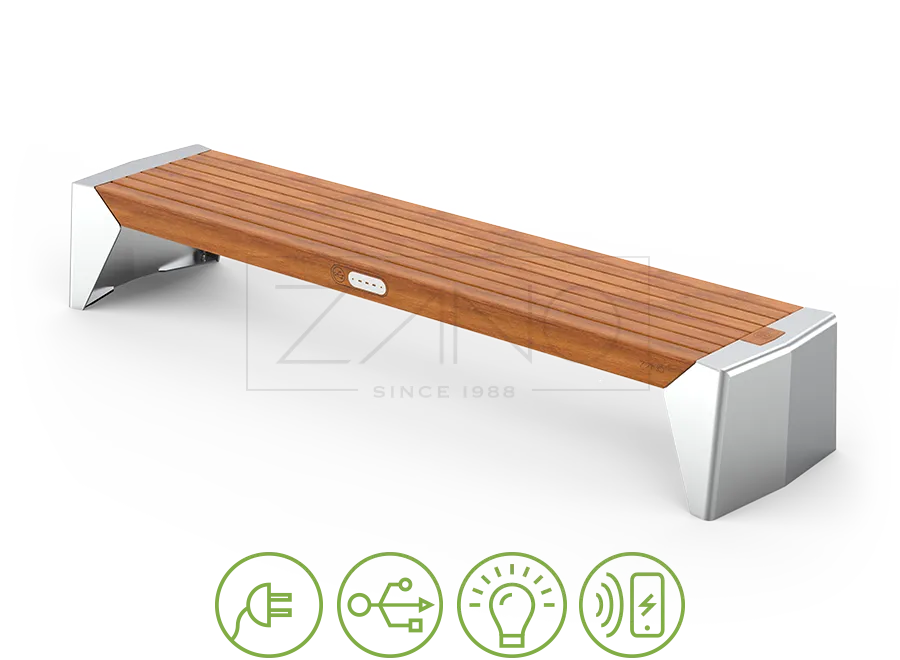 Nerūdijančio plieno miesto suoliukas su USB ir indukciniu įkrovikliu