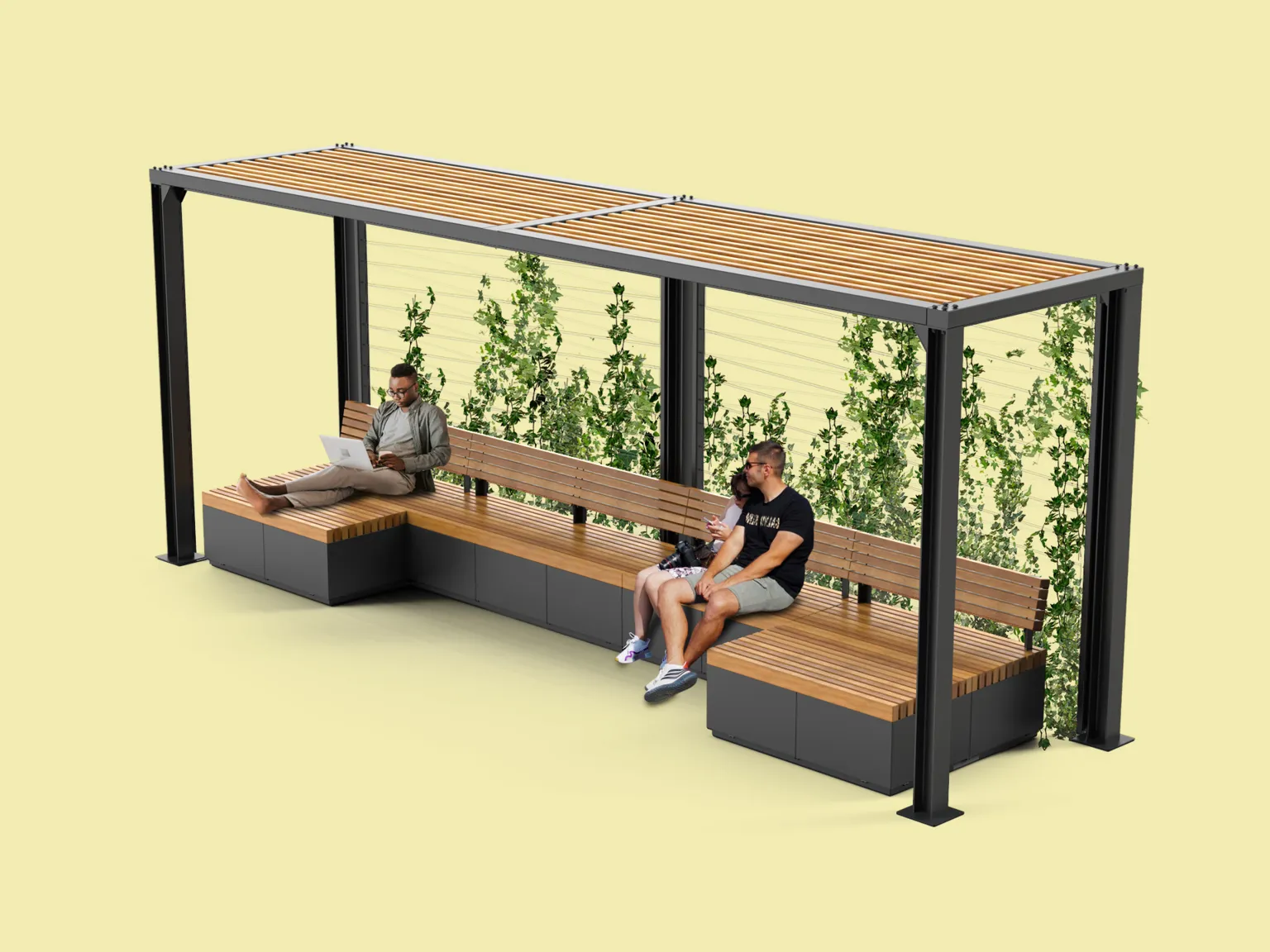 Pergolas su suoliukais išdėstymas