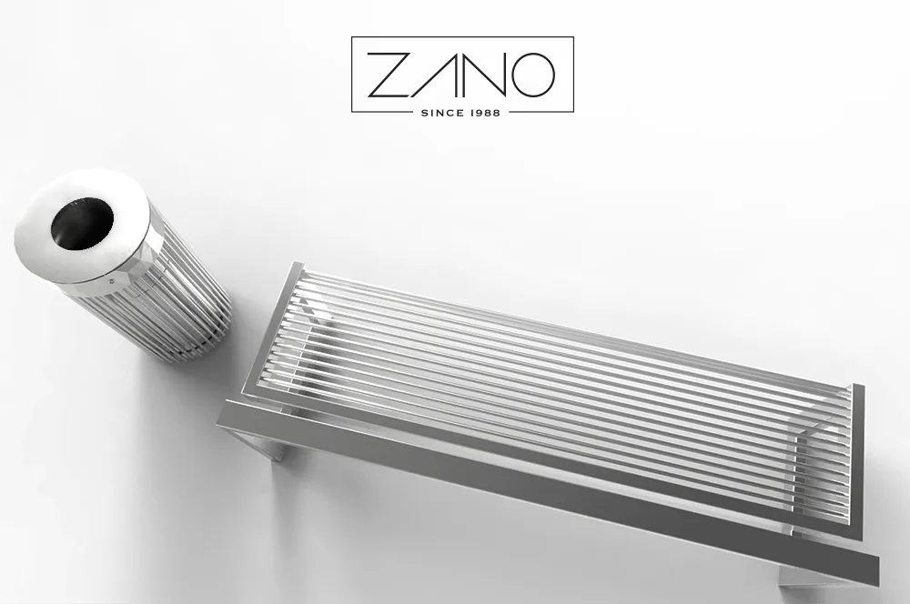 Nerūdijančio plieno suoliuko be atlošo „B-bench 02.410.1“ vizualizacija kartu su „Tubus“ šiukšliadėže.