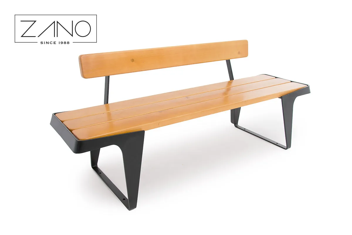 Minimalistinis plieno ir medžio suoliukas su atlošu