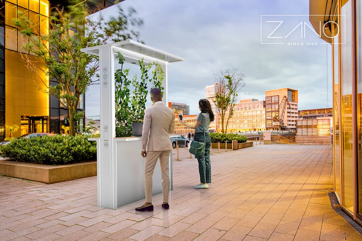 Biuro patalpos ir mobiliųjų įrenginių įkrovimo stotelės, maitinamos iš saulės baterijų