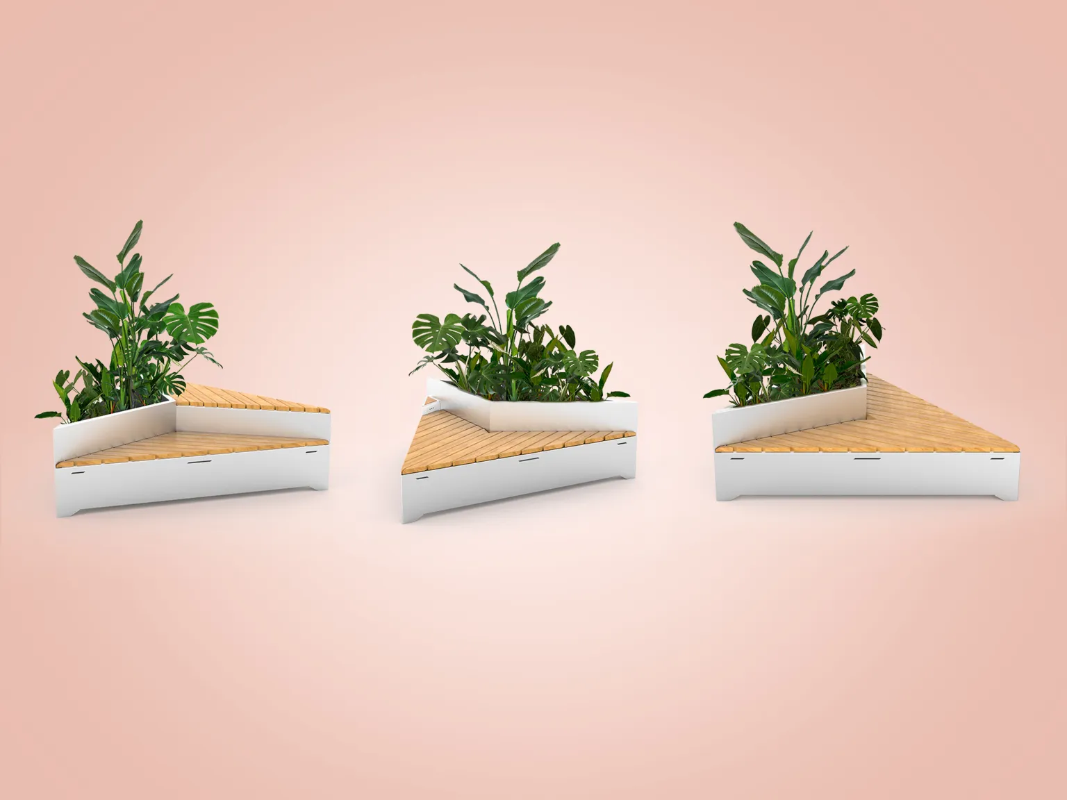 Origami stiliaus suoliukų ir vazonų išdėstymas poilsio salelėje