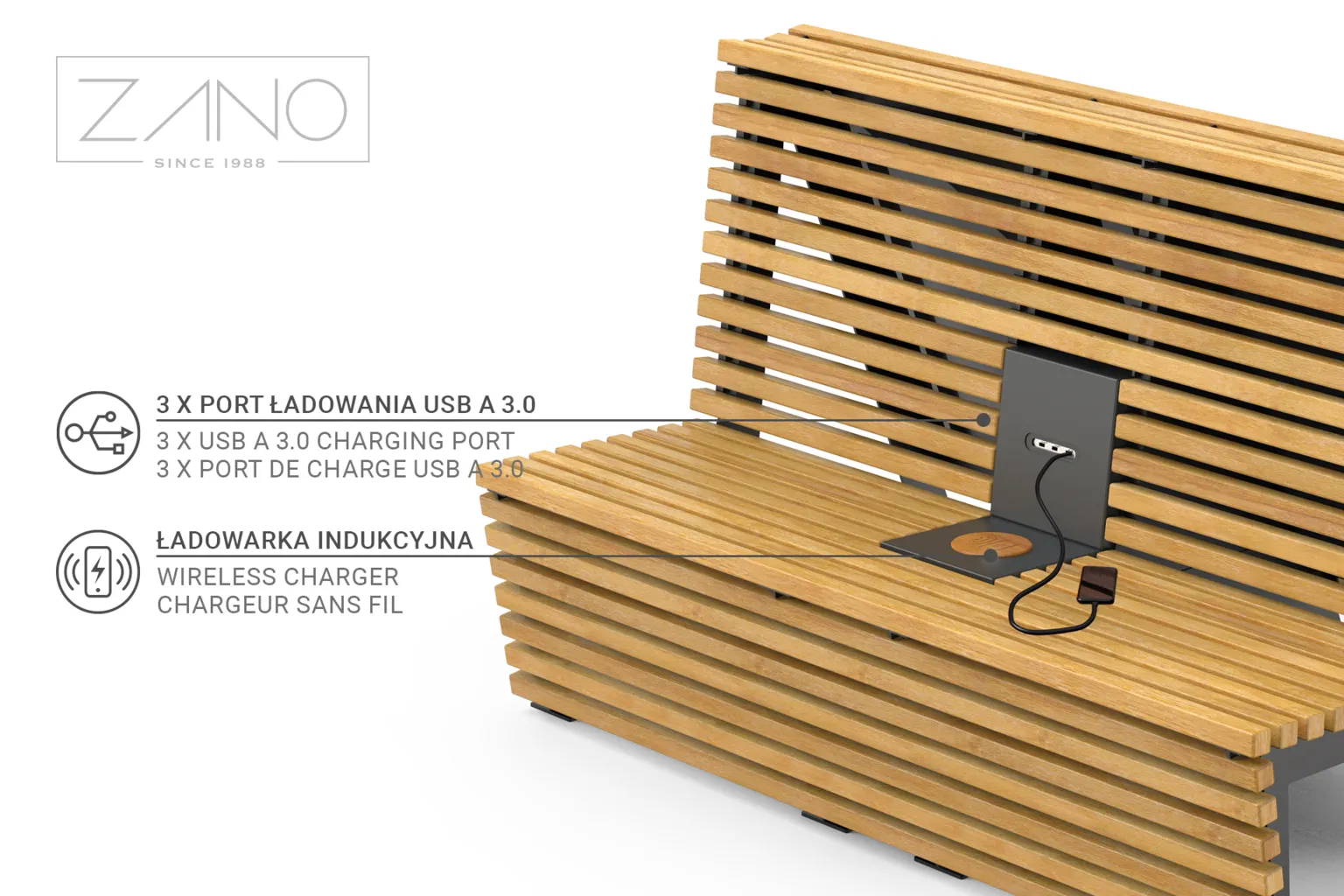 Saulės energija maitinamas suoliukas su USB įkrovimo prievadais ir belaidžiu įkrovikliu.