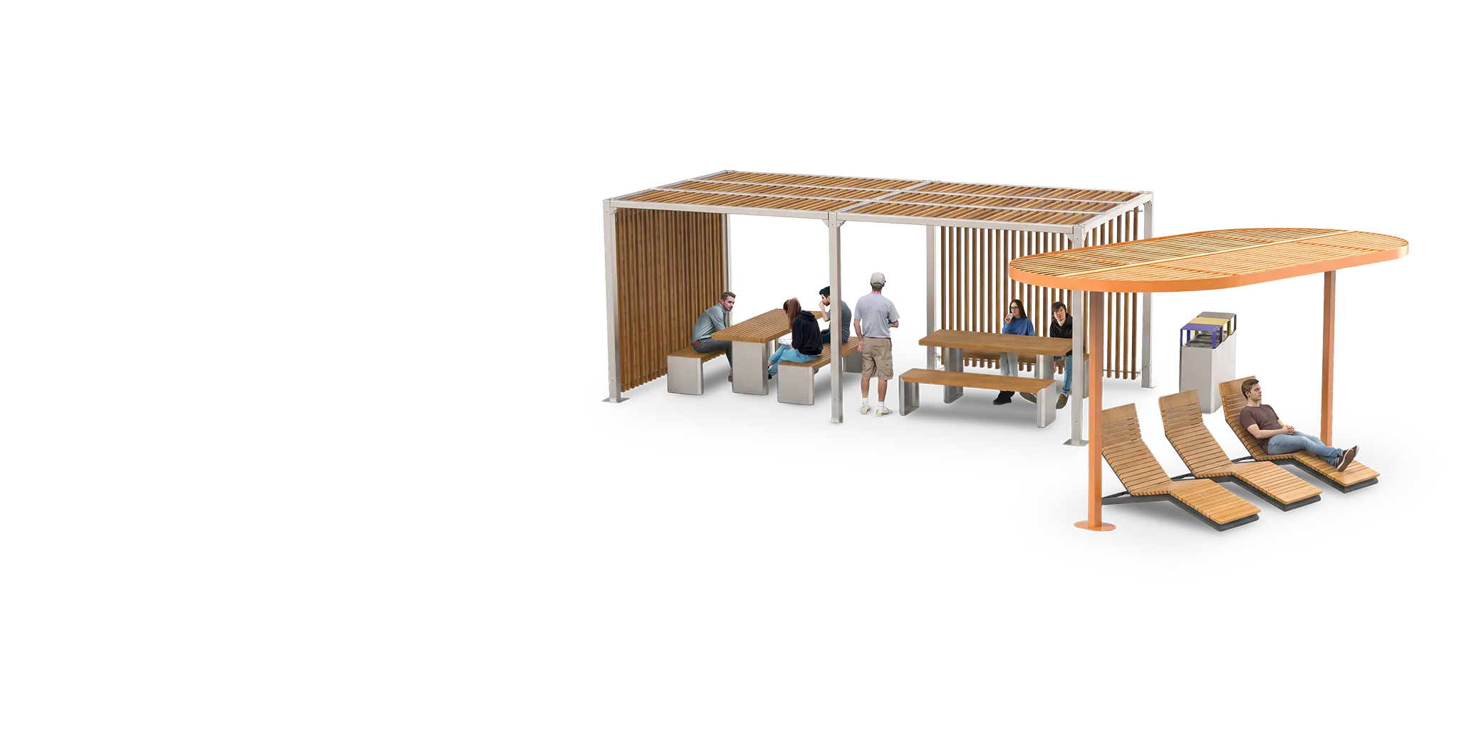 Plieninė pergola su mediniu stogu, stalų ir suoliukų komplektu bei gultais su medinėmis lentelėmis.