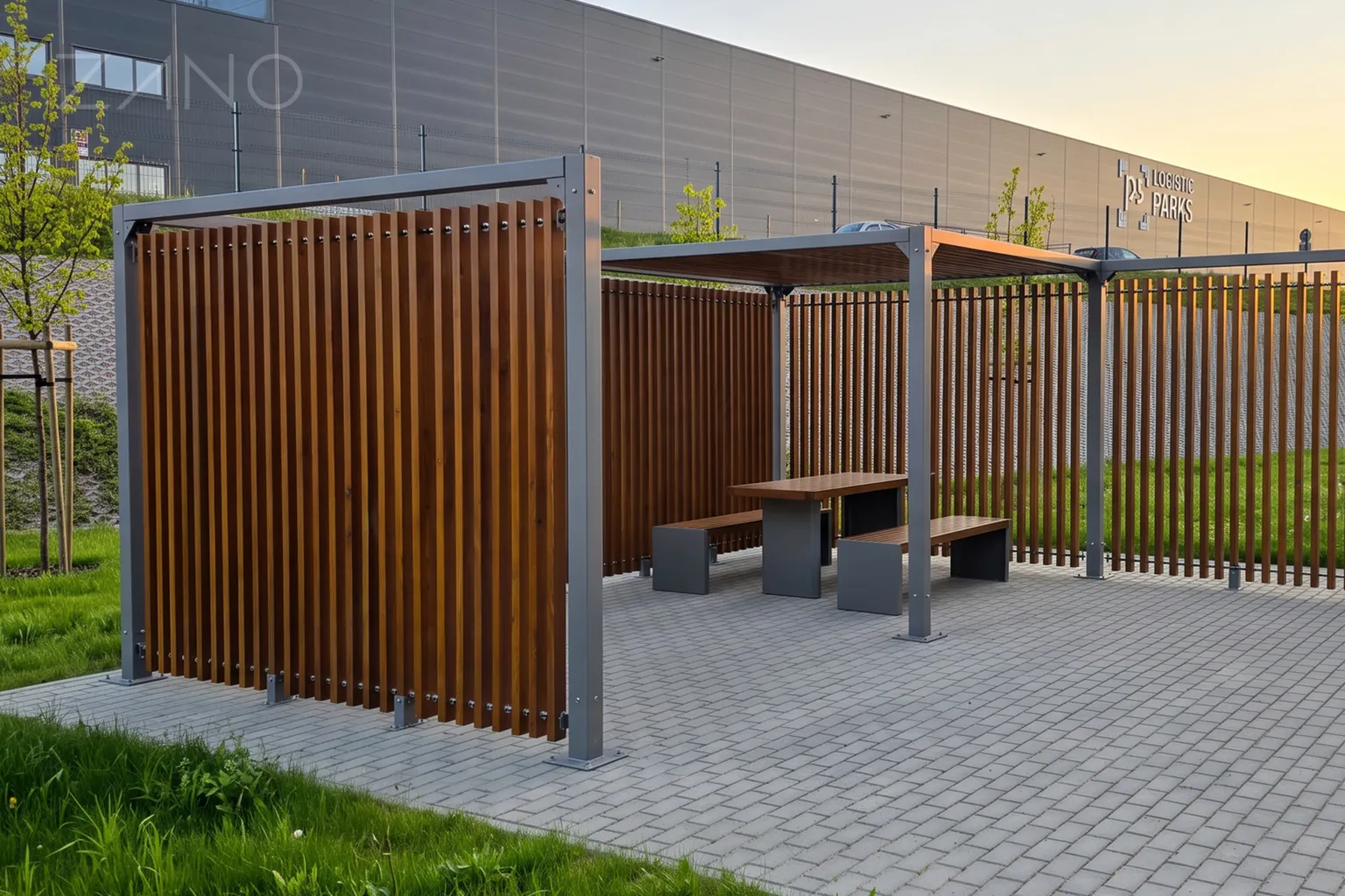 Plieninė pergola su medinėmis lamelių sienelėmis, stalu ir suoliukais bei stalu iš „Stilo“ serijos.