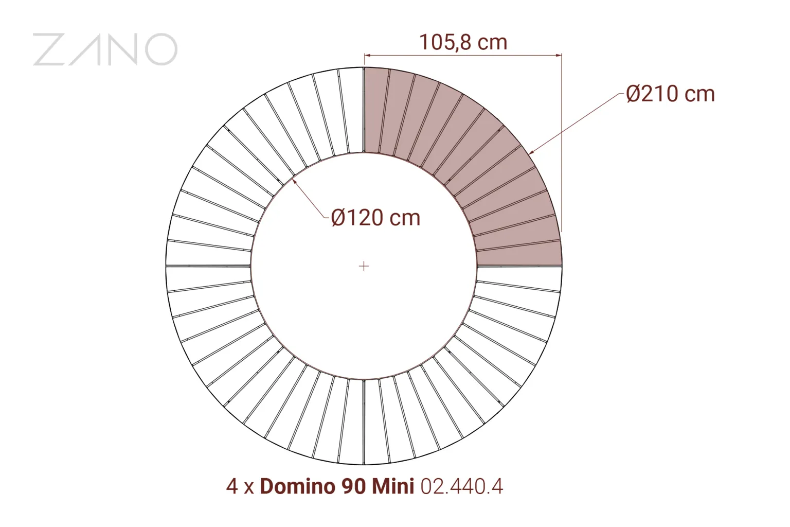 „Domino“ apvalios arkos formos suoliukas su medinėmis sėdynėmis ir skersmens matmenimis – techninė schema