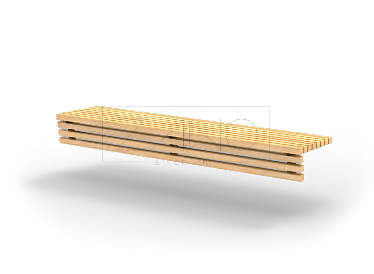 "Flash" sėdynė iš eglės medienos ir juodo plieno ant betoninės sienos "Flash" sėdynė iš eglės medienos ir juodo plieno ant betoninės sienos