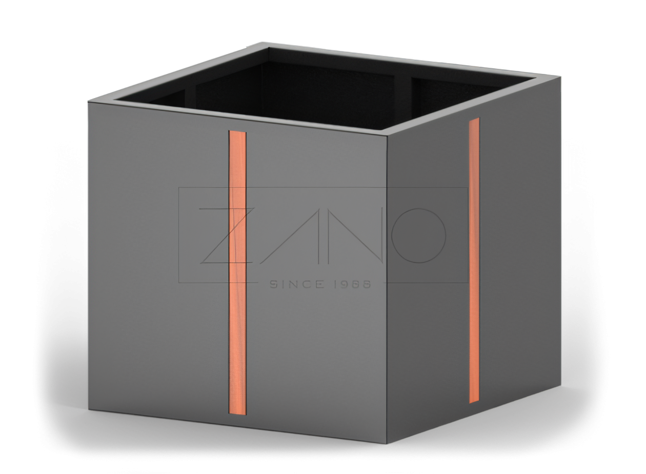 Juodas plieninis puodas su mediniais elementais viešosioms erdvėms Juodas plieninis puodas su mediniais elementais viešosioms erdvėms