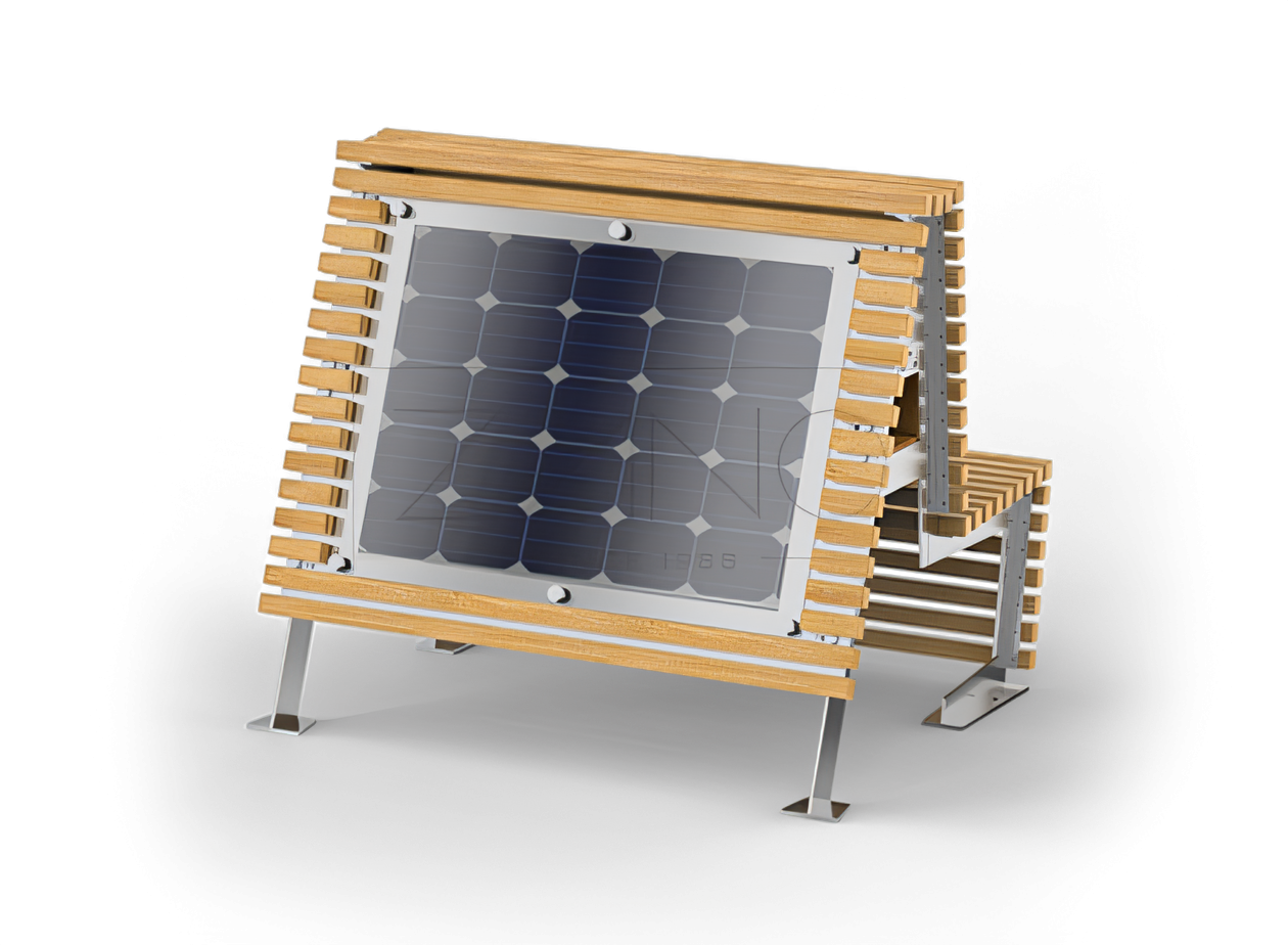 Saulės suoliukas iš nerūdijančio plieno ir eglės medienos Saulės miesto baldai | Miesto baldų gamintojas