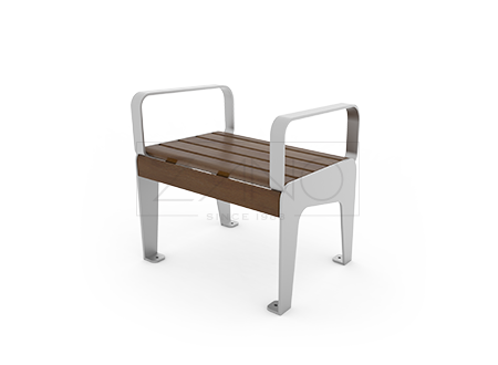 Parko sėdynė su porankiais, pagaminta iš nerūdijančio plieno ir eglės medienos, dažytos riešutmedžio spalva