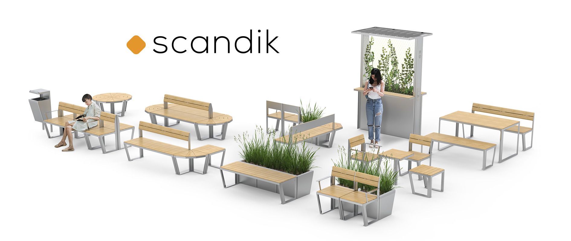 "Scandik" miesto baldai: suoliukai, gėlių vazonai, šiukšliadėžės, saulės baterijos
