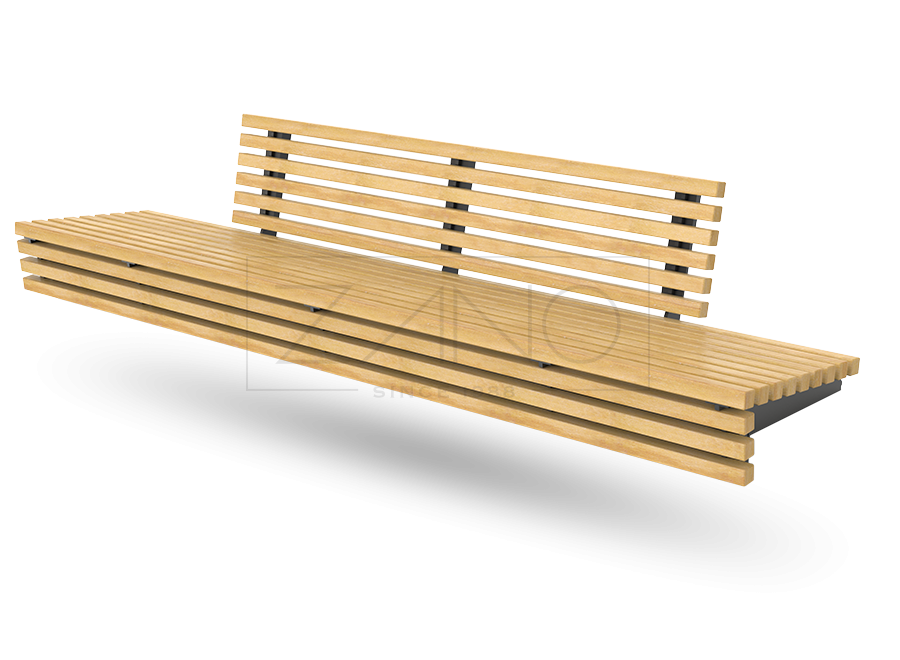 Plieniniai ir egzotinės medienos suolai, sumontuoti ant betoninių postamentų ir sienų